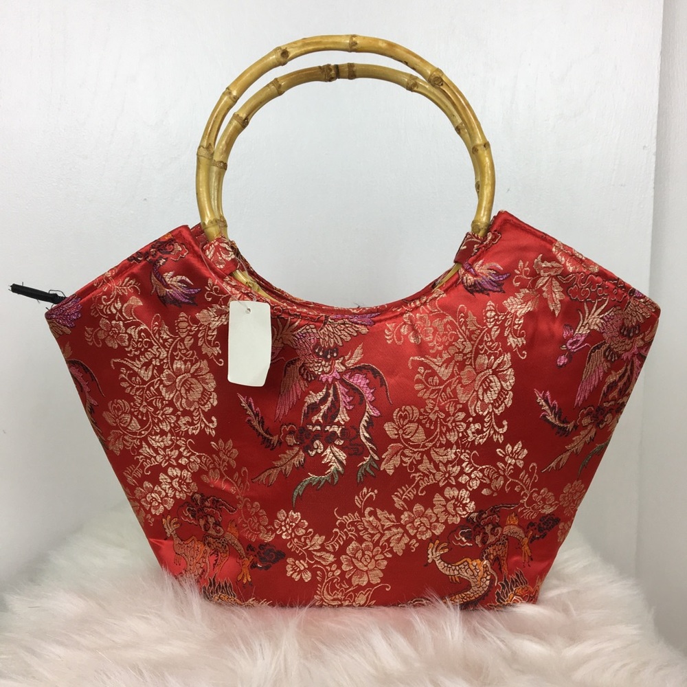 Red Brocade Handbag With Bamboo Handles NWT